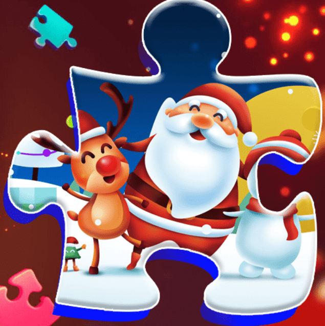 Santa, a reindeer, and a snowman on a puzzle piece