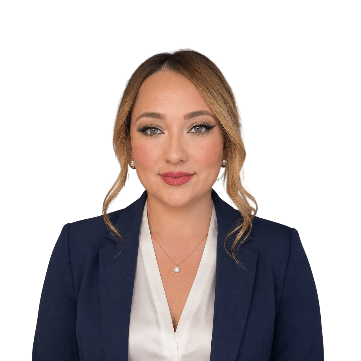 Eva Gamez in a navy blazer and white blouse