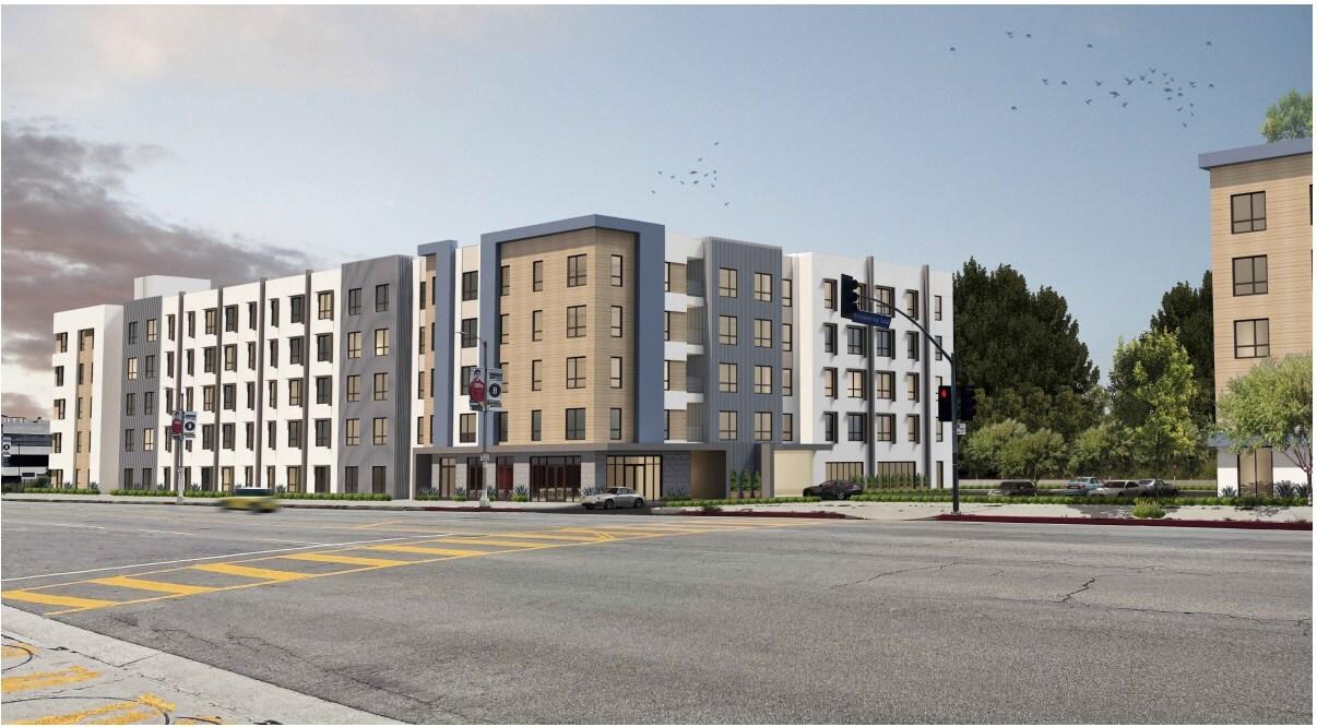 Rendering of 194-unit affordable housing development at 17100 Victory Blvd near Louise Avenue in Lake Balboa
