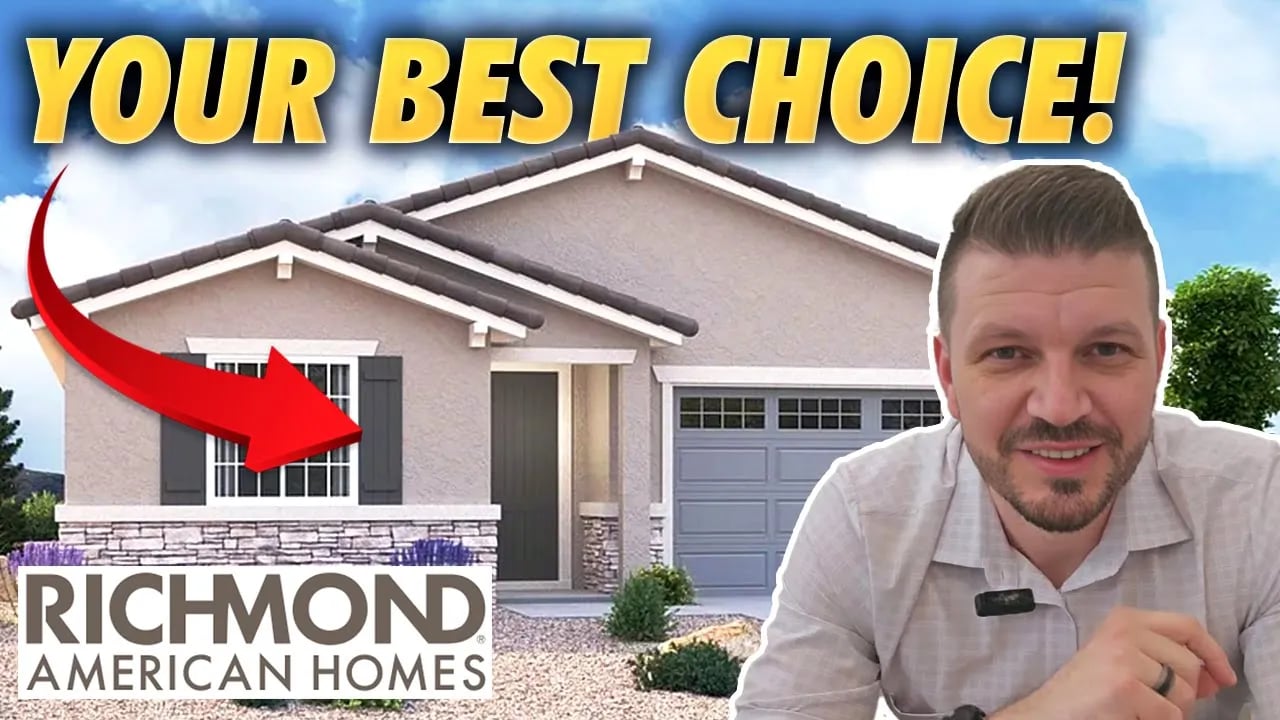 Real estate video thumbnail for a Richmond American Homes model tour, with a presenter and a house exterior.