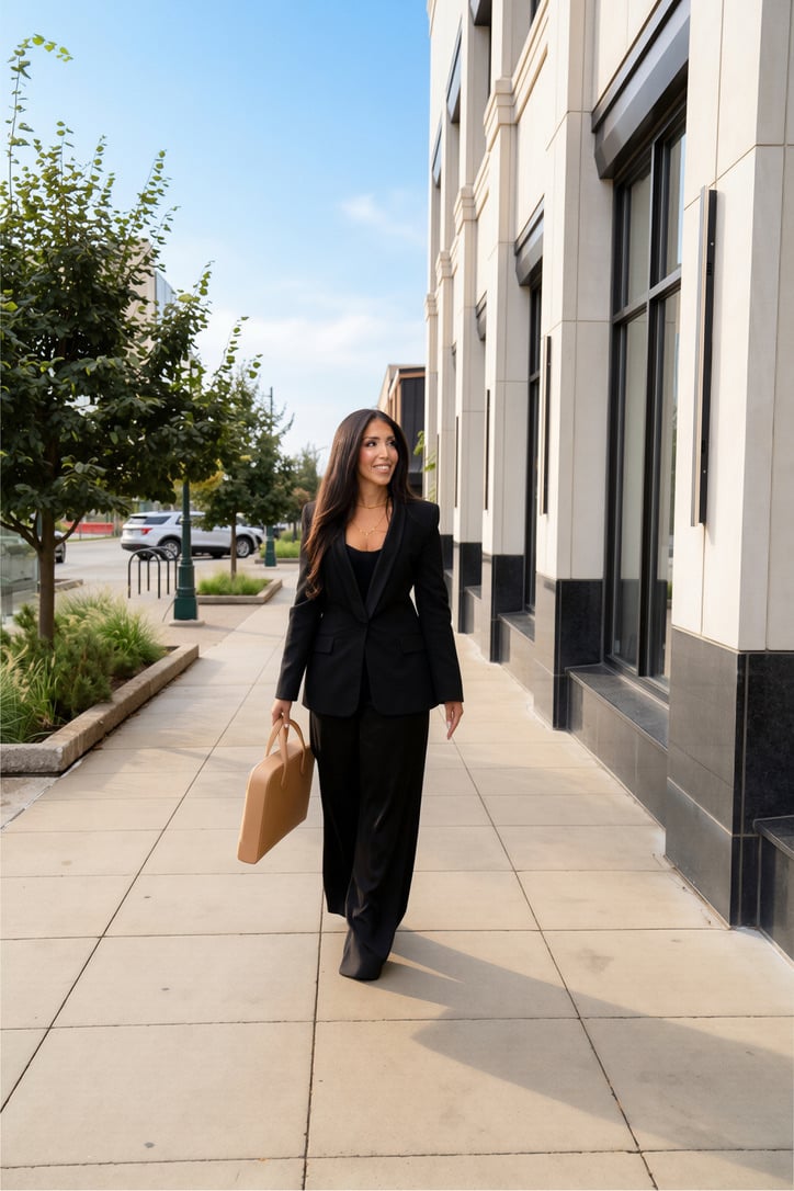 Woman in a black suit walking along a downtown sidewalk with a tan briefcase.