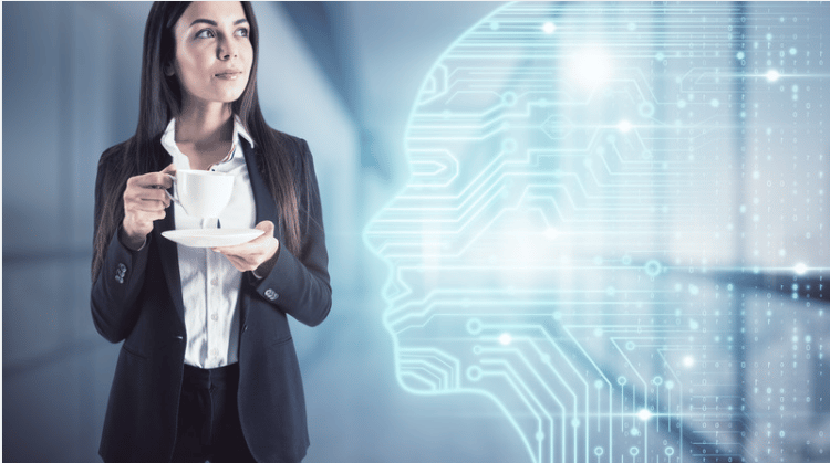 Woman holding a teacup beside a glowing digital AI profile.