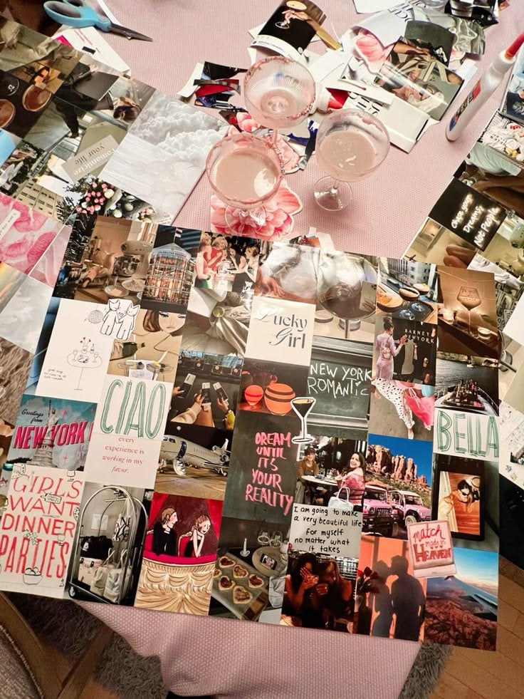 A creative collage of images and text, featuring themes of New York, lifestyle, and aspirations, with drinks and crafting materials.