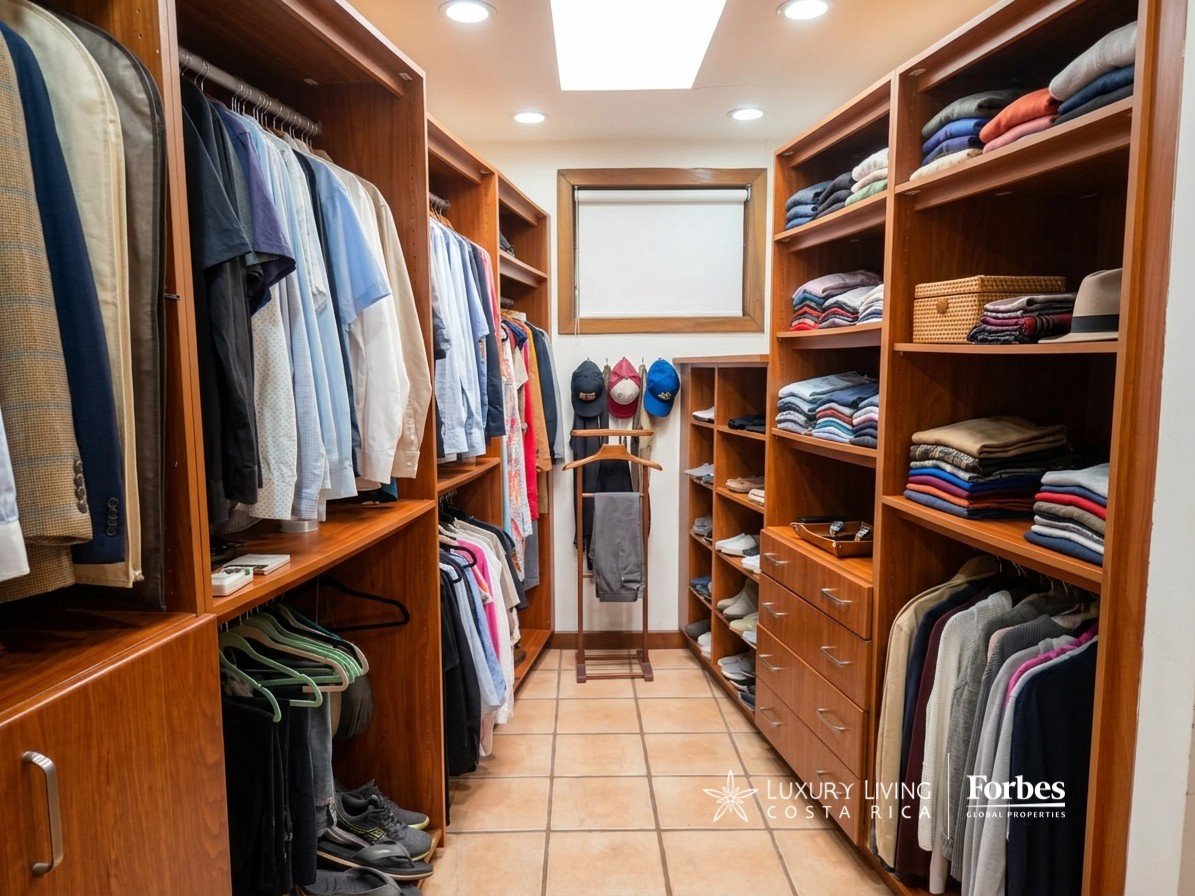 Walk-in closet with wood cabinetry, hanging clothes, and folded garments on open shelves.