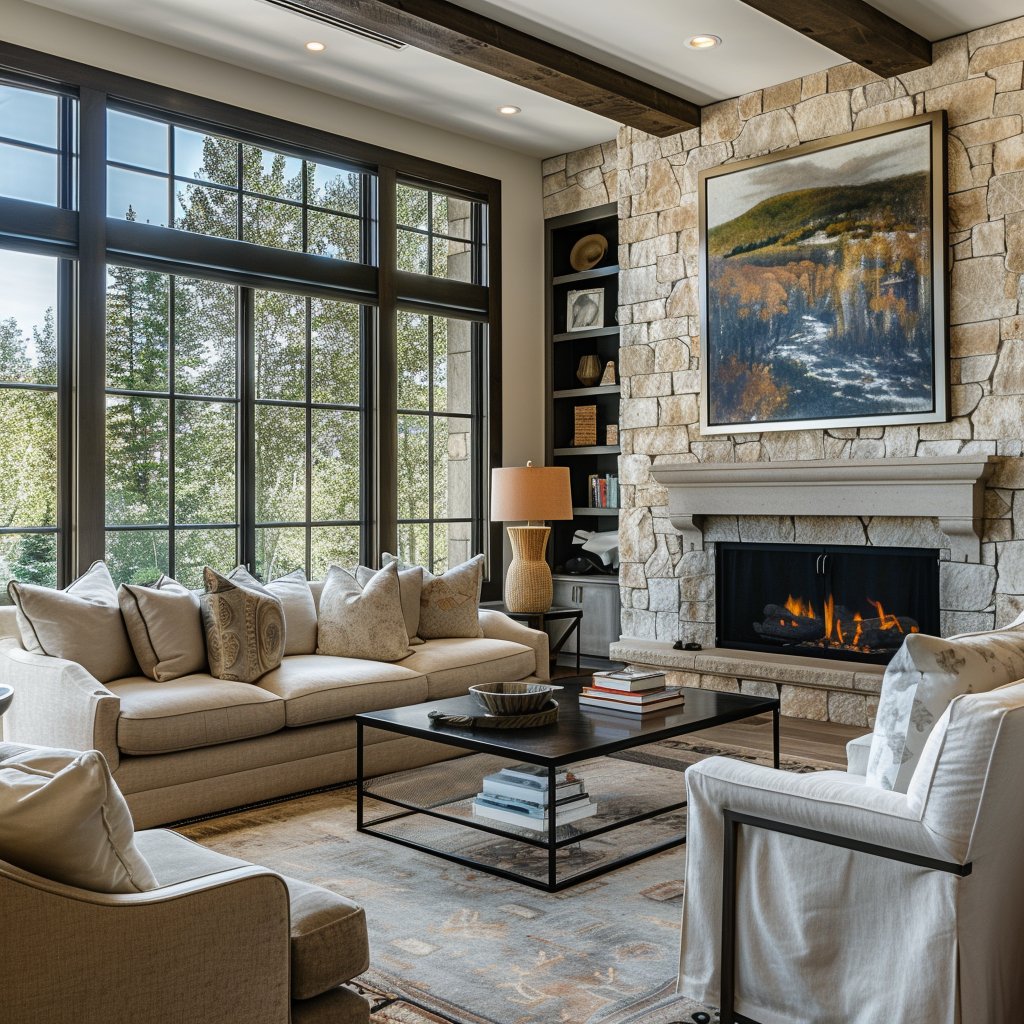 Living room with a stone fireplace, tall windows overlooking trees, and a beige sectional sofa.