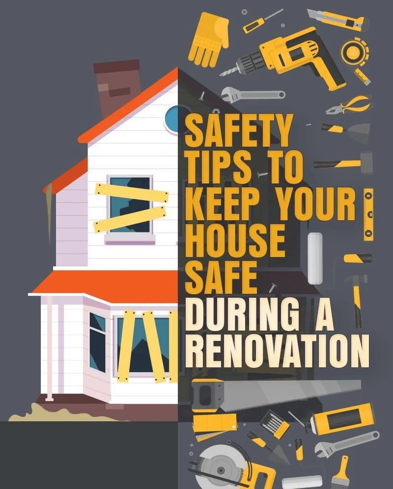 Renovation safety tips graphic featuring a boarded house and construction tools.