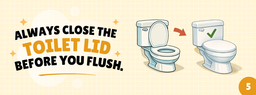 Tip 5: Close the toilet lid before flushing; illustrations show the lid open and then closed.