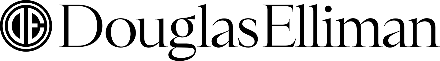 logo of douglas elliman featuring a stylized emblem and the company name in dark blue.