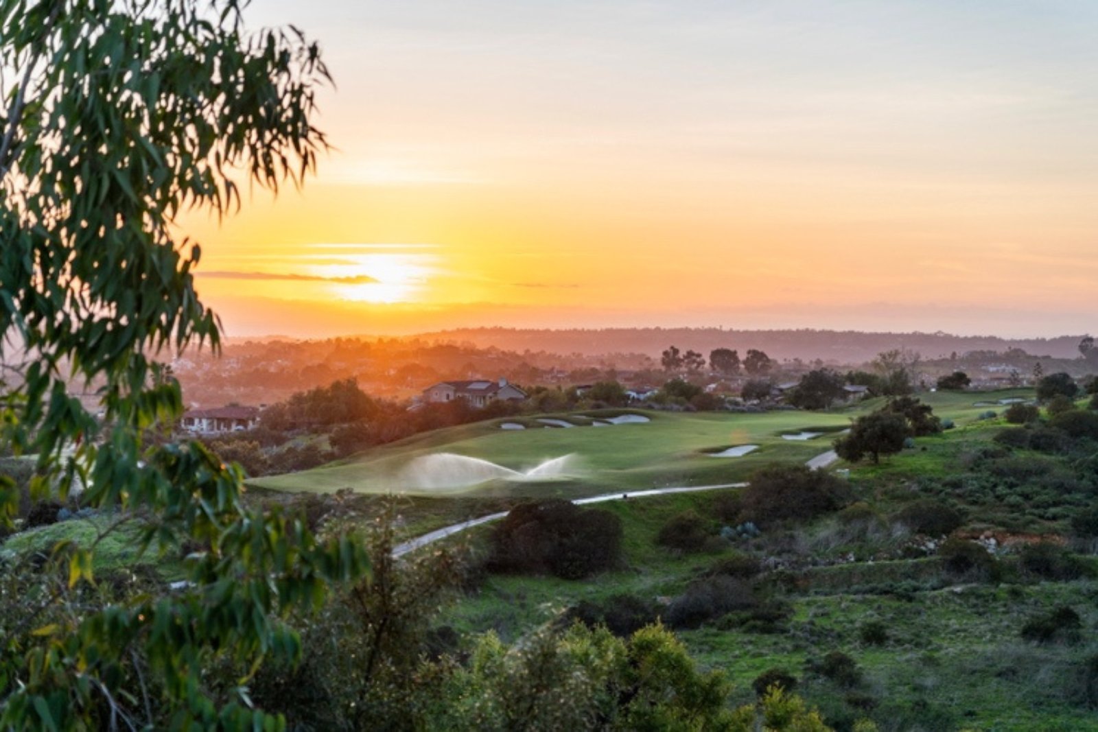 Sunset light over the rolling hills and golf course in Santaluz
