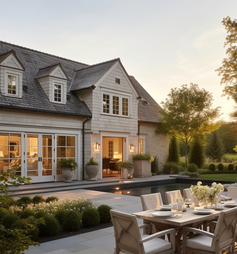 Gray-shingled home with a reflecting pool and a set outdoor dining table at golden hour.