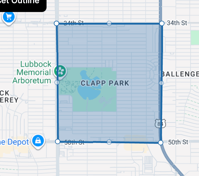 Map marking the Clapp Park neighborhood in central Lubbock.
