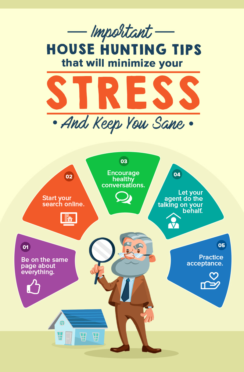 Infographic with five house-hunting tips to reduce stress, surrounding an illustrated homebuyer and small house.