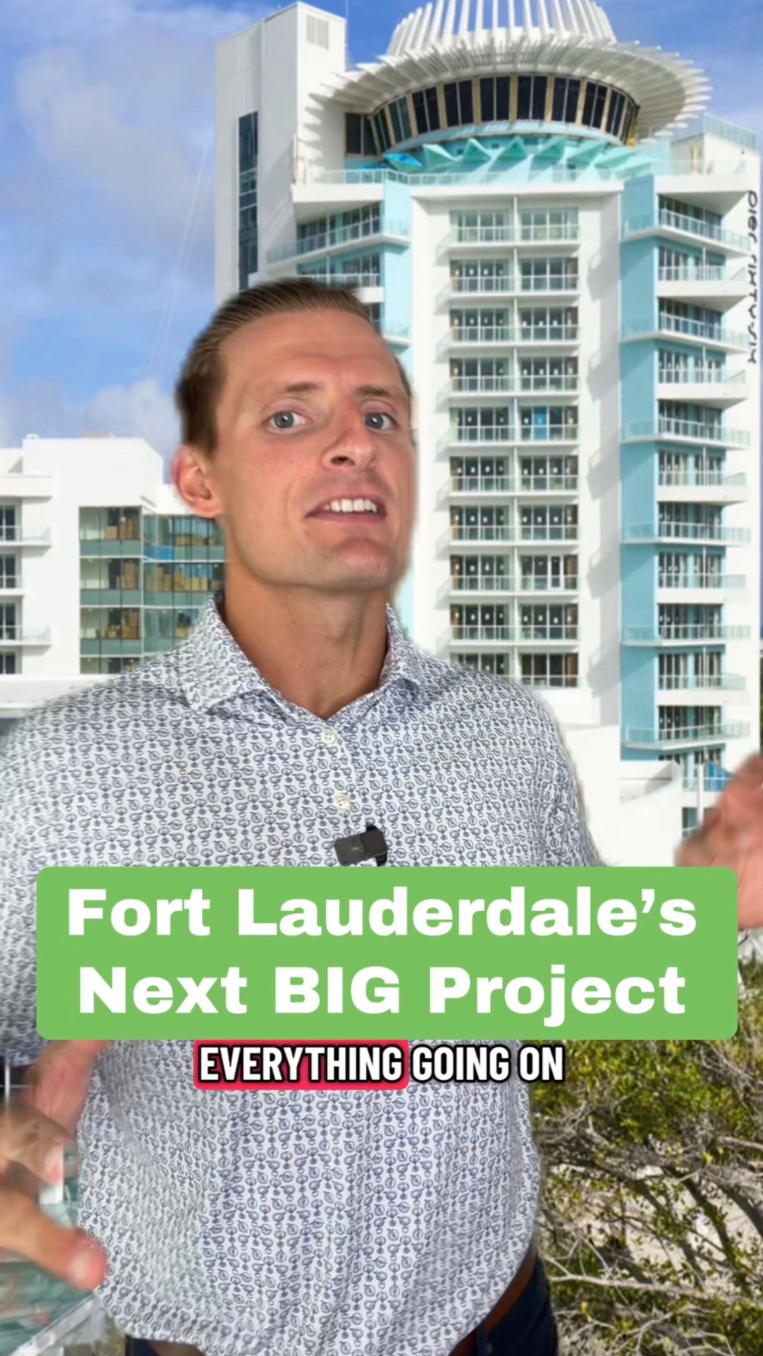 Real estate presenter in front of the Pier 66 tower, with a Fort Lauderdale project headline.