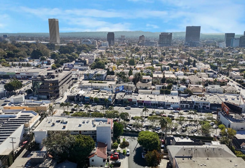 Aerial view of a Los Angeles neighborhood and distant skyline, with homes and commercial buildings below.