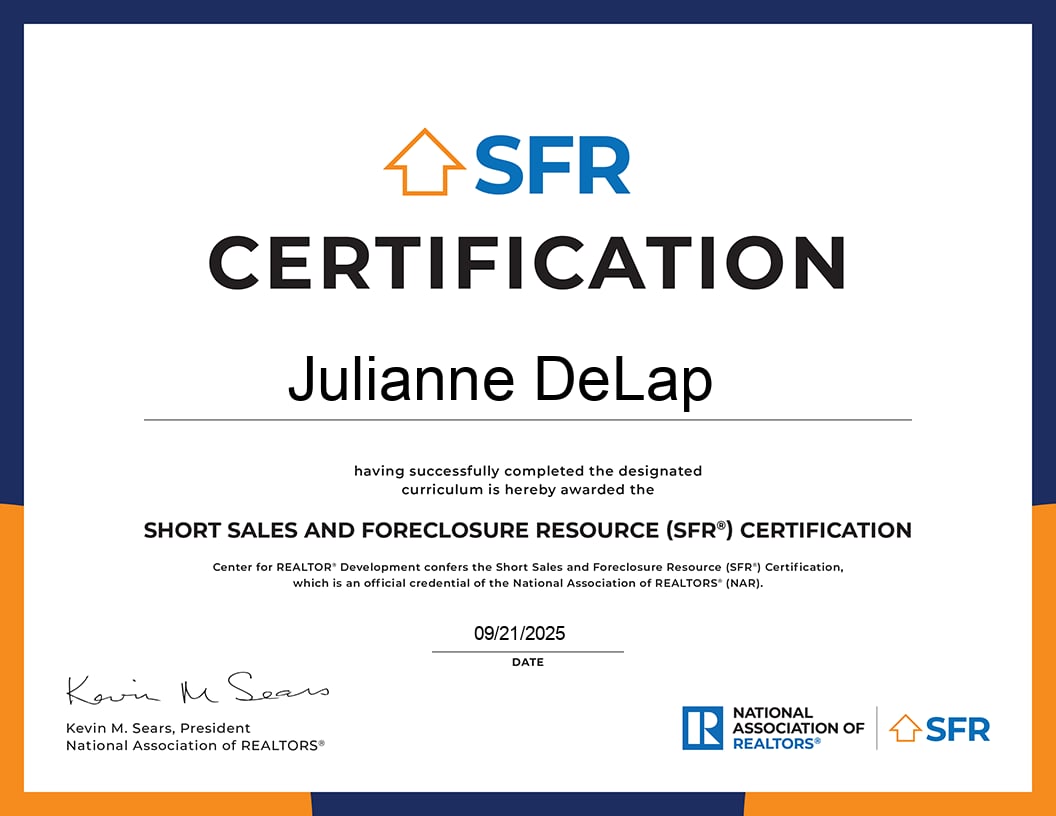 Certificate Verifying the receipt of the Short Sales and Foreclosure Certification for Julie Delap