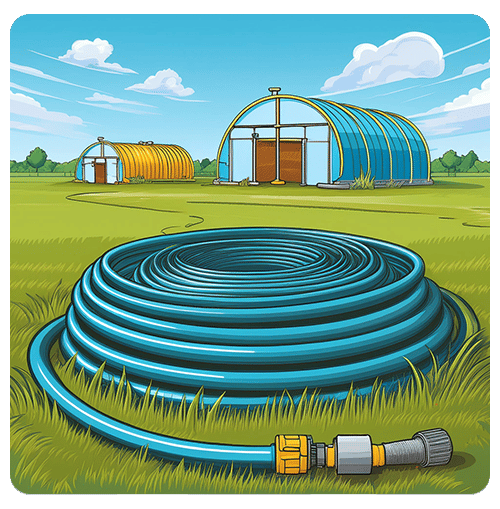 Coiled blue garden hose in grass in front of two greenhouses.
