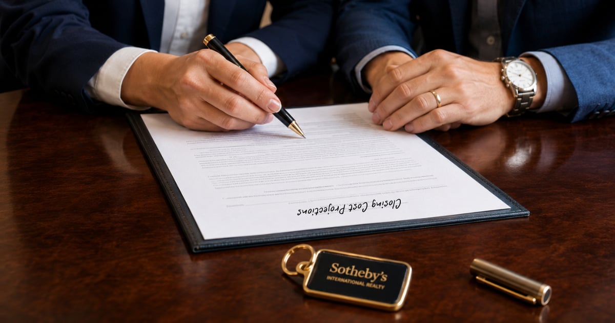 Close-up of a luxury home buyer signing real estate settlement documents with a Sotheby's International Realty key fob on a mahogany desk.