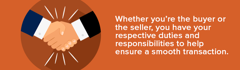 Handshake illustration with a message about buyer and seller responsibilities in a smooth transaction.