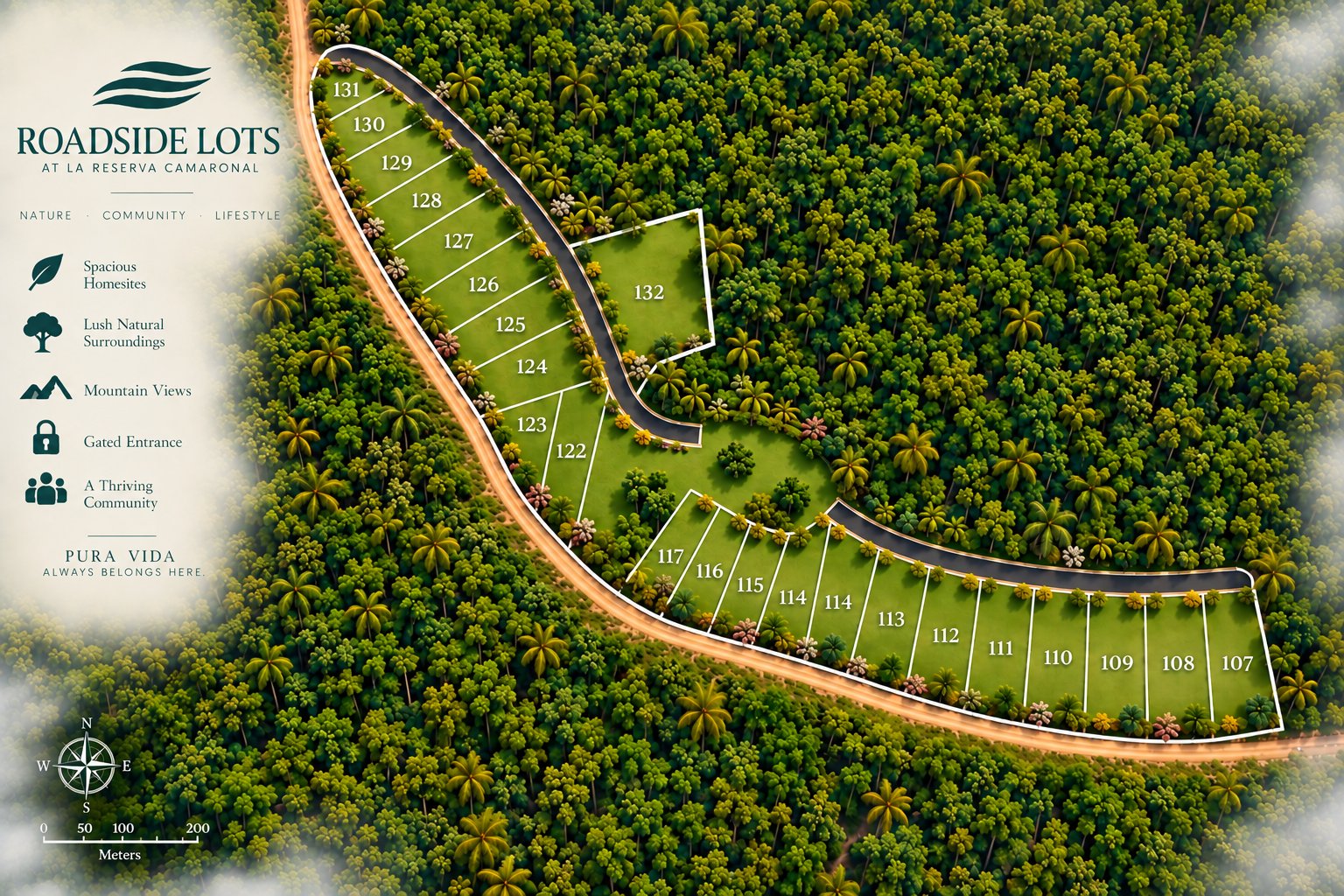 Site plan of numbered roadside lots at La Reserva Camaronal surrounded by dense tropical forest.