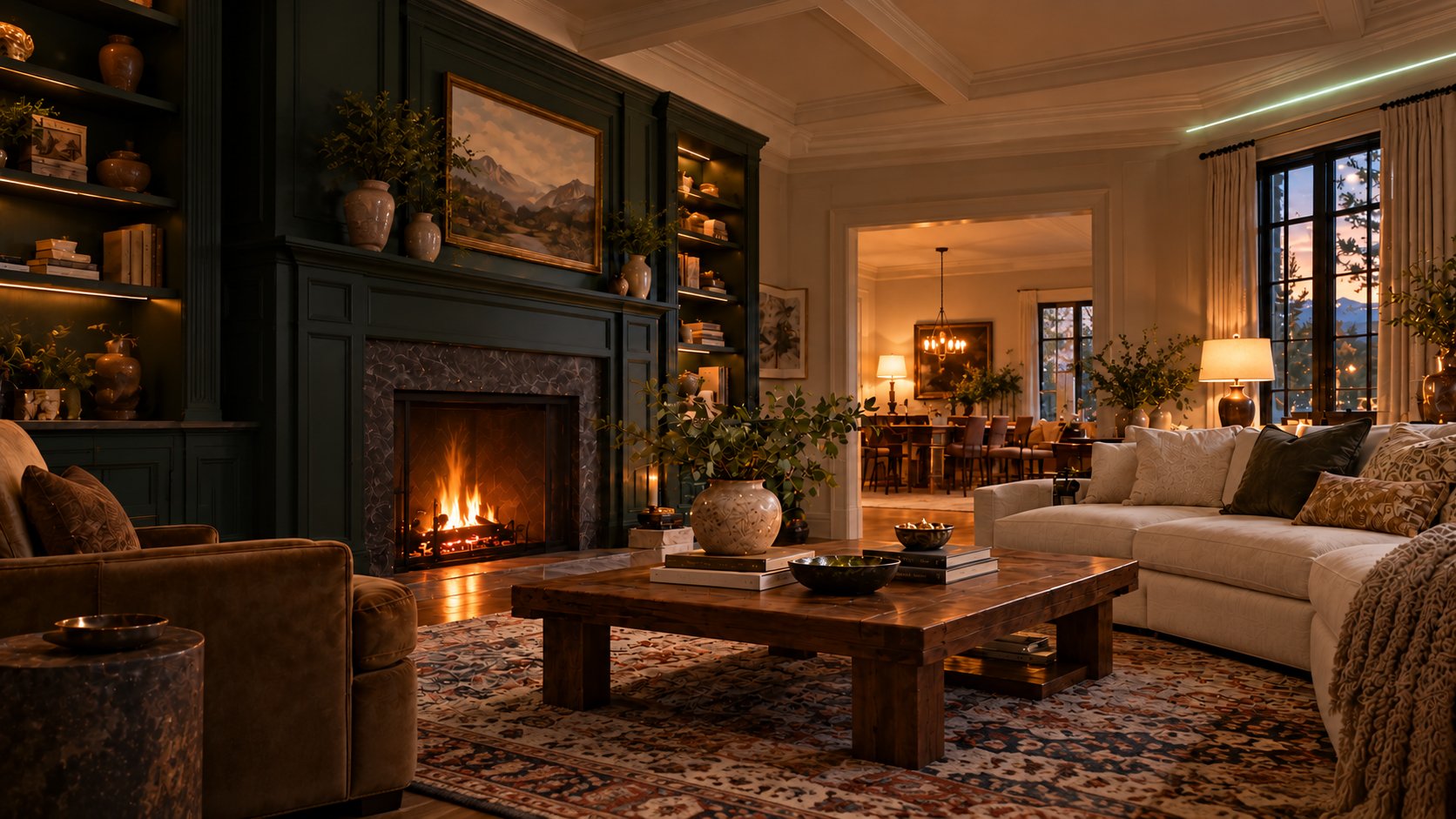 Elegant living room with a lit fireplace, dark built-in bookshelves, and an adjoining dining room.