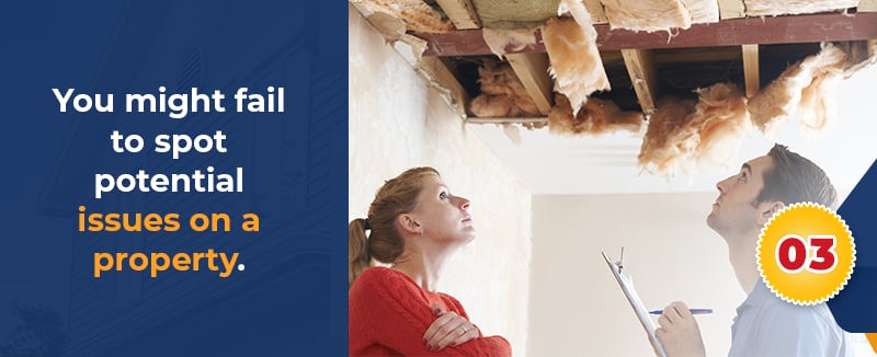 Text warns, “You might fail to spot potential issues on a property,” beside buyers inspecting ceiling damage.