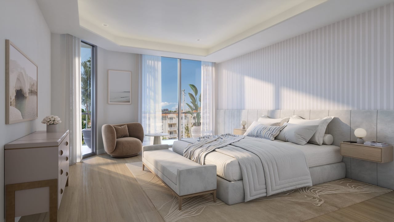 Primary bedroom rendering at Serene Las Olas with terrace access.