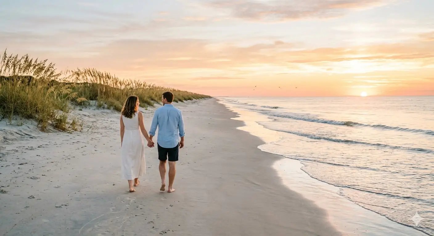 Couple walking along a wide, uncrowded South Carolina barrier island beach at sunrise