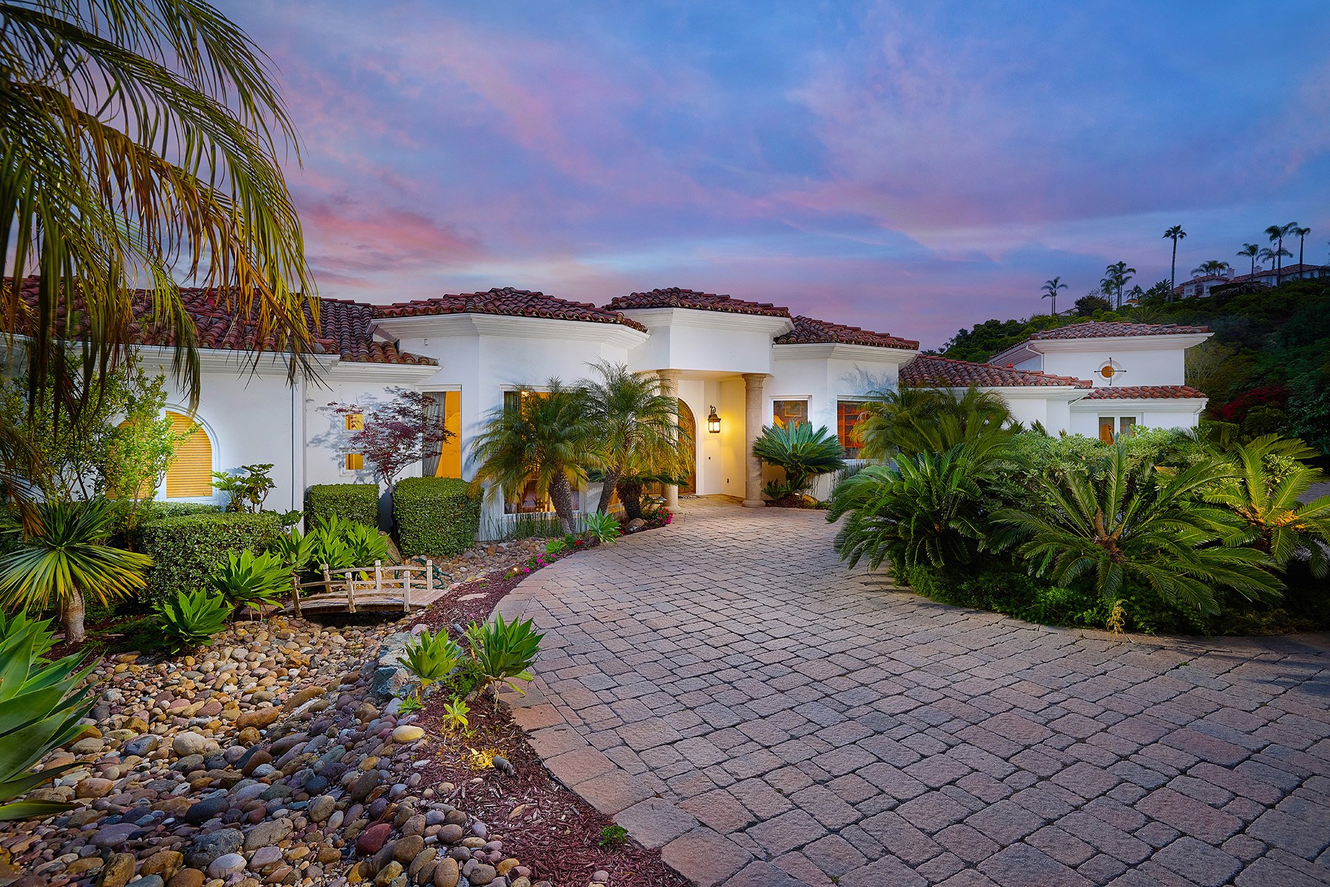 Front entrance of Spanish estate in Rancho Santa Fe 