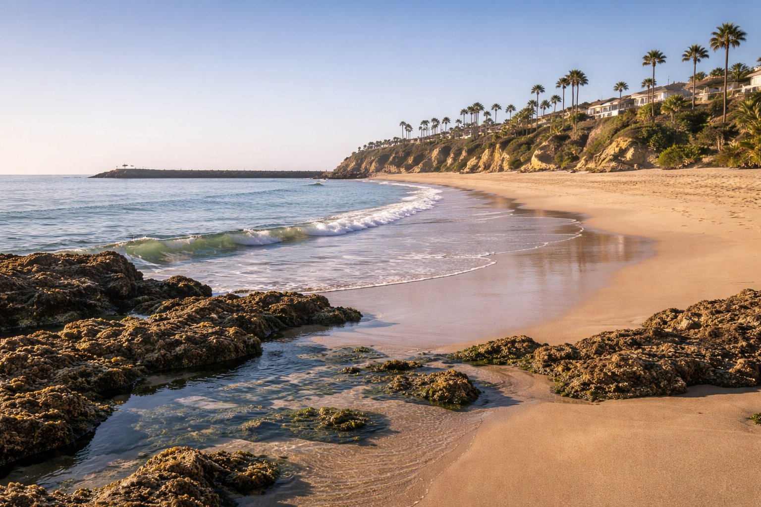 Corona del Mar State Beach with sandy shoreline, rock jetty, and calm Pacific Ocean waters on a sunny Southern California morning