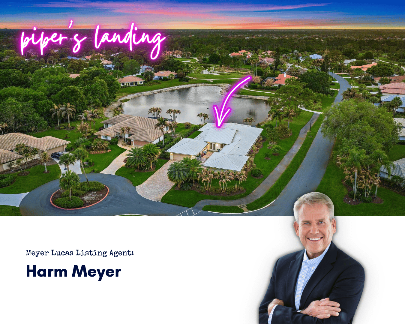 Aerial view of 4528 SW Fenwick Lane on a lake in Piper's Landing, Palm City, with listing agent Harm Meyer