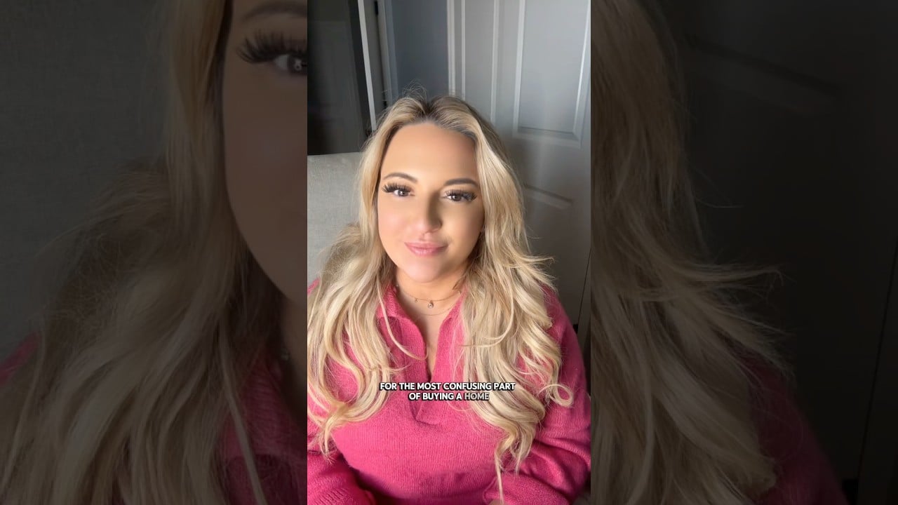 Blonde woman in a pink sweater speaking to camera, with captions about buying a home.