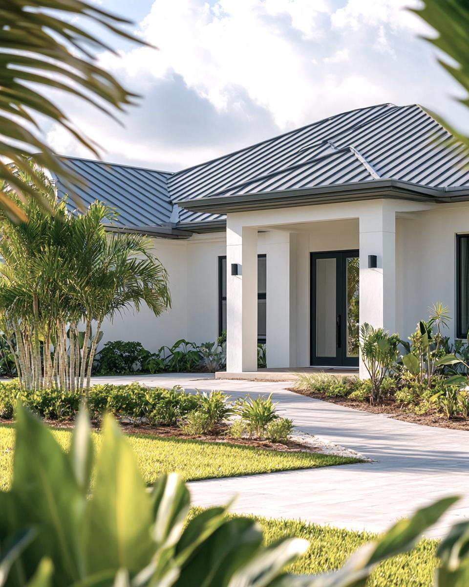 Modern white home with a dark metal roof, tropical palms, and a curved paved walkway to the entrance.