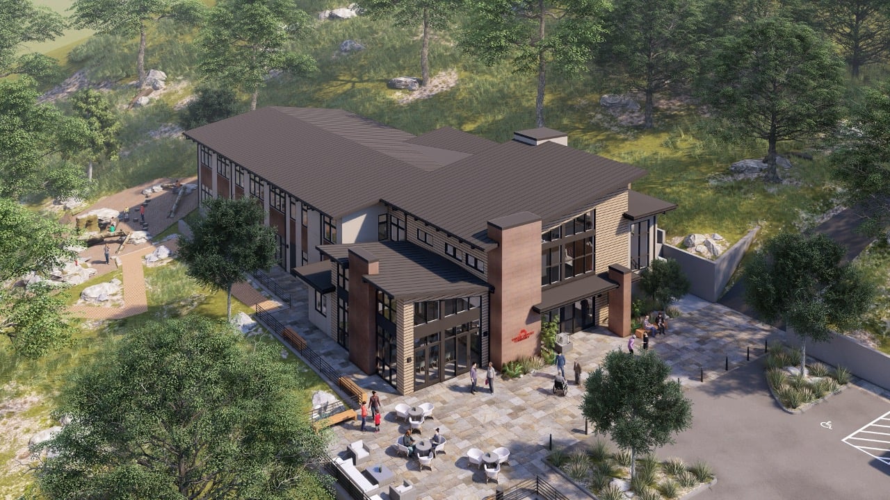 Artist rendering of the new Cancer Support Community center in Lafayette, CA, featuring a butterfly roof design