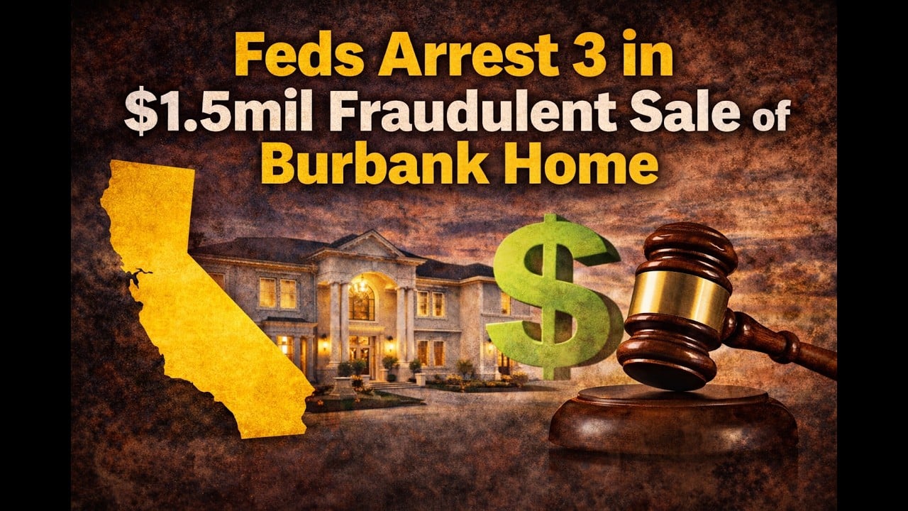 Graphic showing a luxurious Burbank home with a large green dollar sign and a judge’s gavel, alongside a yellow outline of California, highlighting the $1.5 million real estate fraud arrests.