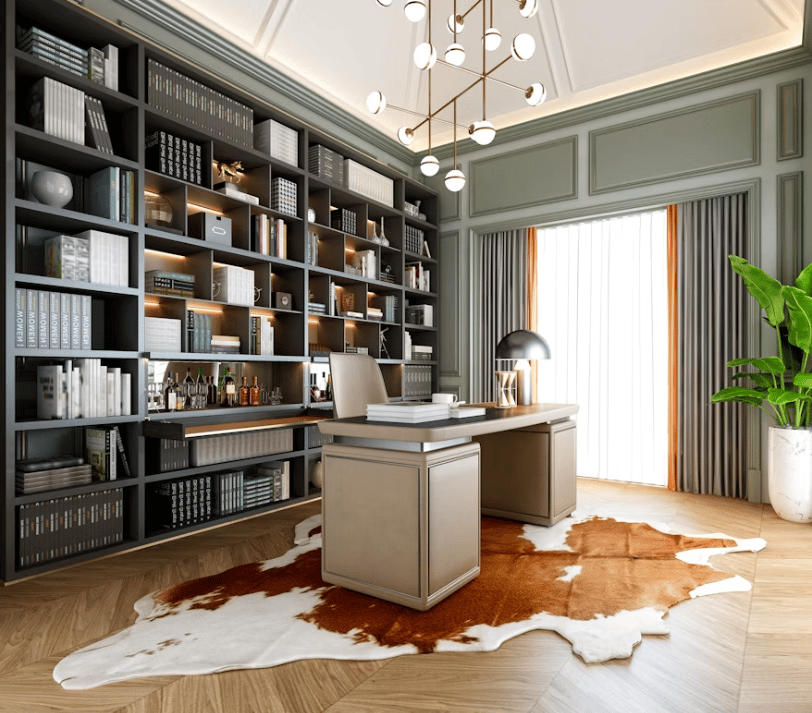 Luxury home office with custom built-in bookshelves, designer furnishings, and elegant workspace in a Rancho Santa Fe luxury residence.