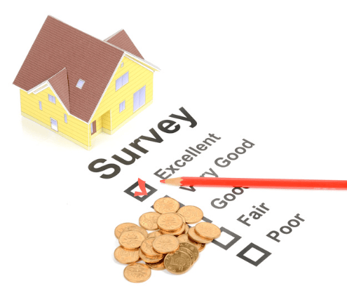 A model yellow house beside a property survey checklist, with “Excellent” checked and coins covering lower ratings.
