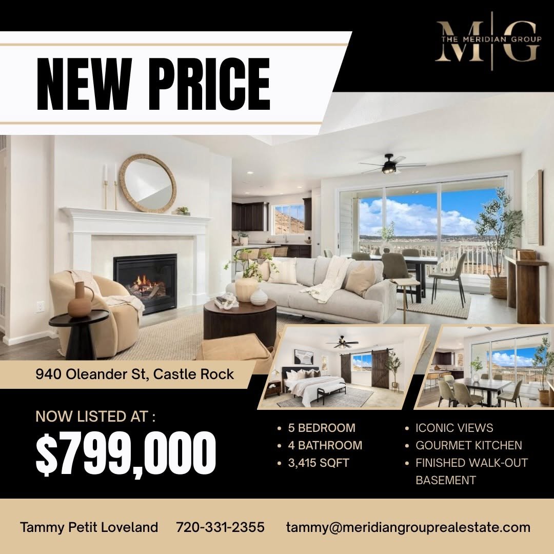 Modern 2023 two-story exterior of 940 Oleander Street Castle Rock with landscaped yard after recent $16K price reduction.