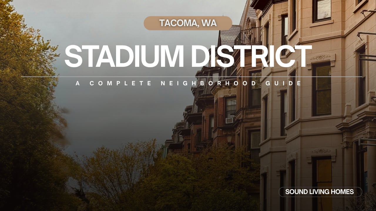 Stadium District neighborhood guide banner for Tacoma, Washington, over a streetscape of trees and multi-story buildings.