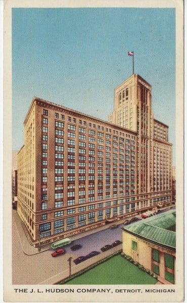 The J. L. Hudson Company department store in Detroit, shown with its tall tower and flag.
