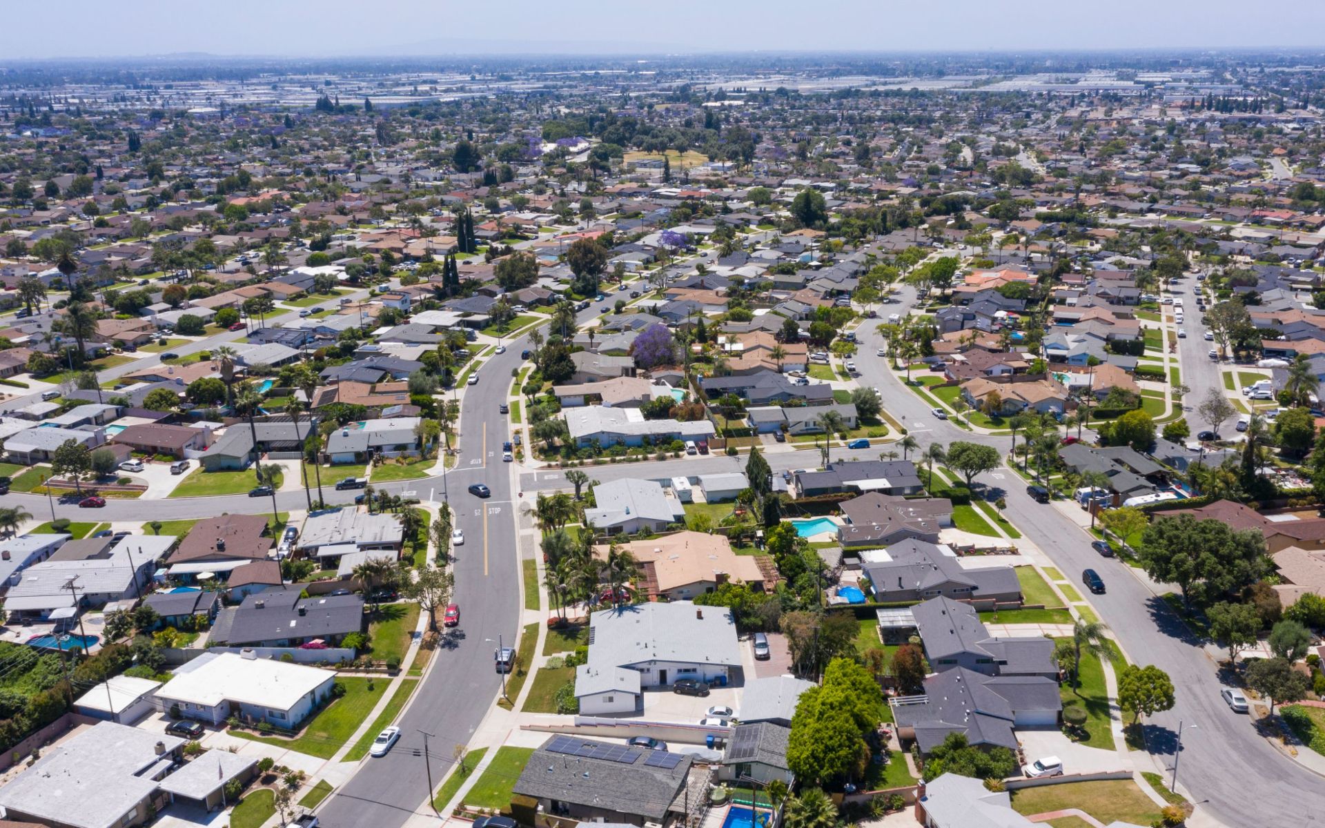 La Mirada, California tree-lined residential street with suburban homes