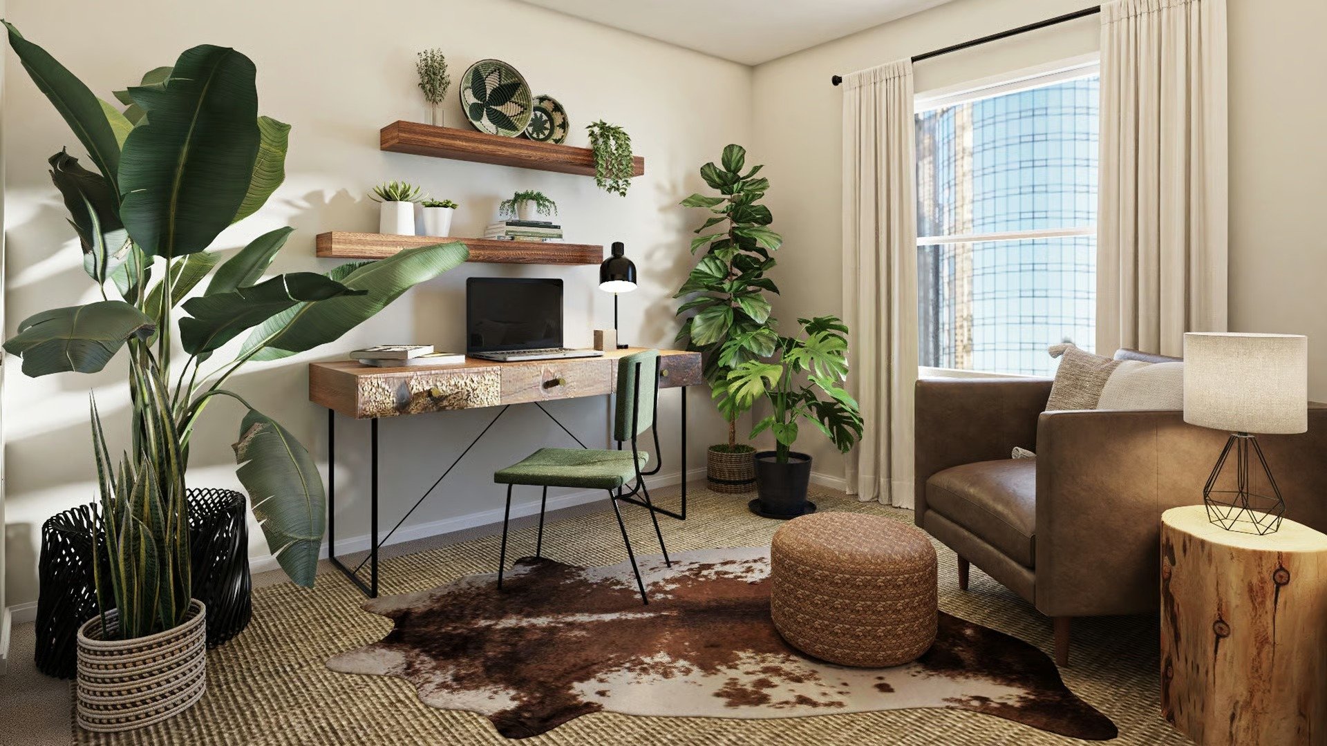 Staged living room and home office with a leather sofa, wooden desk, and large leafy plants.