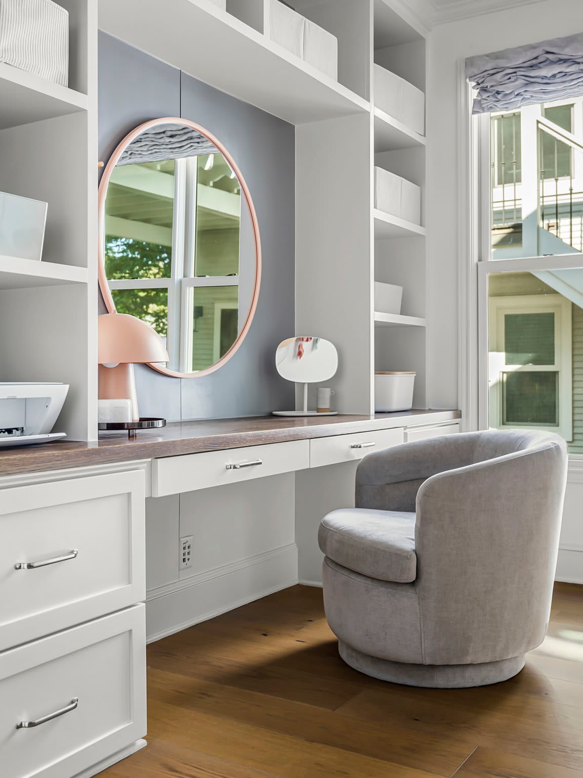 Dressing room with vanity and built-in shelving at 1500 Northwood Rd, Pemberton Heights, Austin.