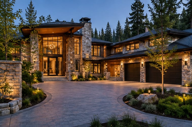Modern stone home with illuminated windows, a broad driveway, and a two-car garage at dusk.