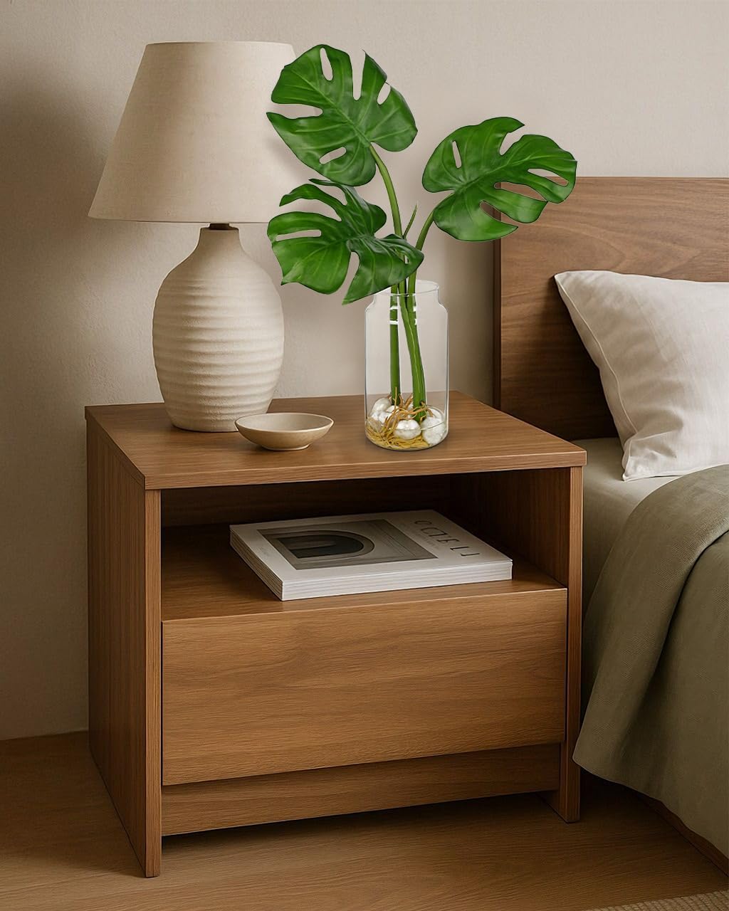 Artificial Monstera Leaves Plant in Glass Vase with Faux Water & Pebble 