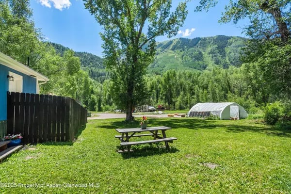Grassy yard with a picnic table and greenhouse, surrounded by trees and forested mountains.