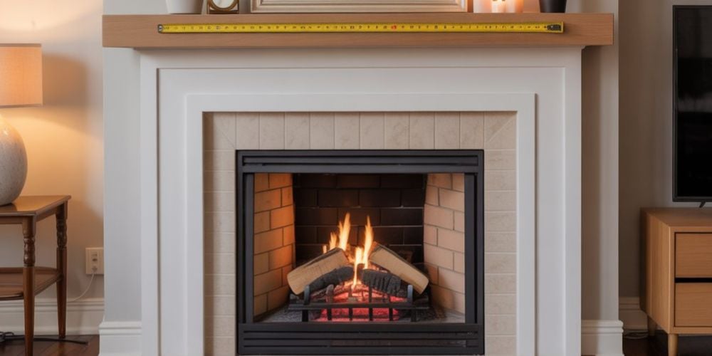 Fireplace with white mantel and measuring tape on top.
