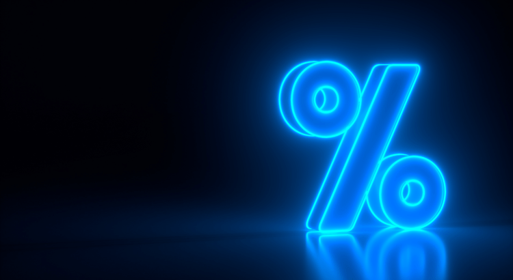 Neon blue percentage sign illuminated against a solid black background, creating a striking visual contrast.