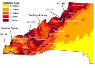 Map of North Carolina showing fall color peak dates and scenic highways.