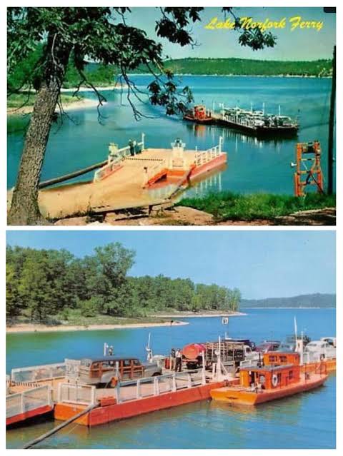 Ferries on a lake beside wooded shorelines.