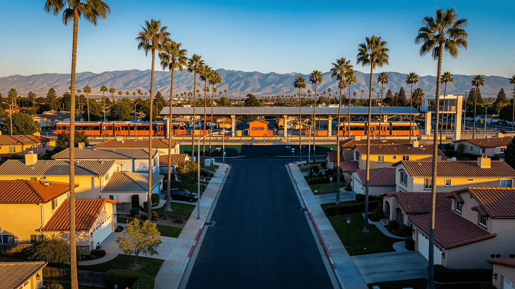 Aerial view of a San Fernando Valley residential street near a Metro G Line transit station, illustrating SB 79 transit-oriented upzoning effective July 1, 2026